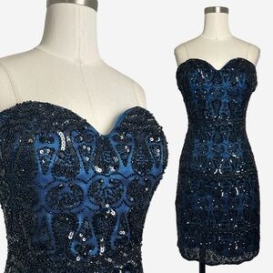 Scala Blue black beaded silk strapless sweetheart corset top mini dress formal 2